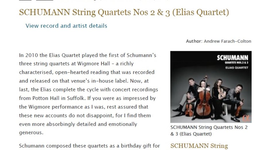 Gramophone - Schumann & Elias String Quartet